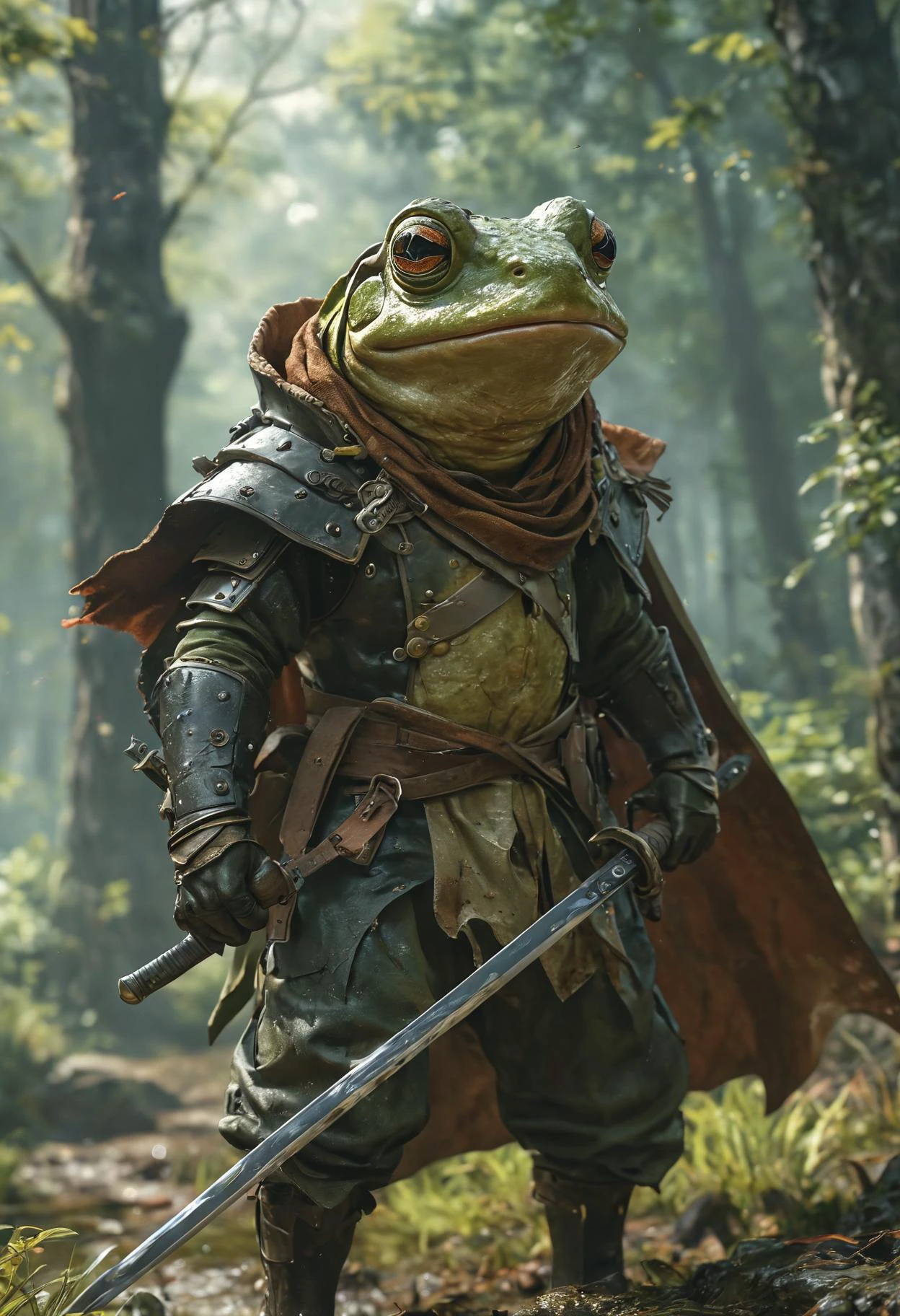 Anime style, ultra detailed, masterpiece, a forest field of battle, an anthropomorphic frog swordsman preparing to leap, wearing a cloak and scabbard 