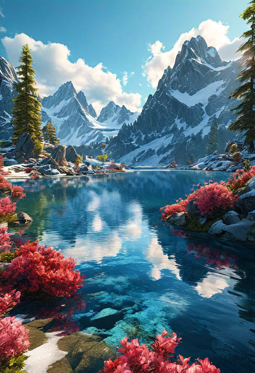 (ultra high res:1.4), (masterpiece:1.4), (beautiful lighting:1.4)  Serene mountain lake nestled amidst towering peaks, lush greenery, and vibrant blossoms. Bright sunlight illuminates the crystal-clear water, accentuating distant snow-capped summits under a vivid blue sky adorned with fluffy white clouds. Fantasy game art design captures the majestic scenery with wide-angle perspective and high resolution.