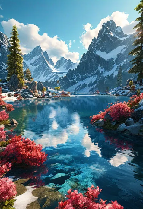 (ultra high res:1.4), (masterpiece:1.4), (beautiful lighting:1.4)  Serene mountain lake nestled amidst towering peaks, lush gree...