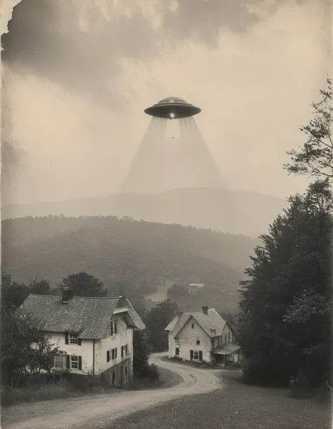 vintage photo, 35mm, black and white shot of ufo hovering over small town located in the blue ridge mountains of virginia in 193...