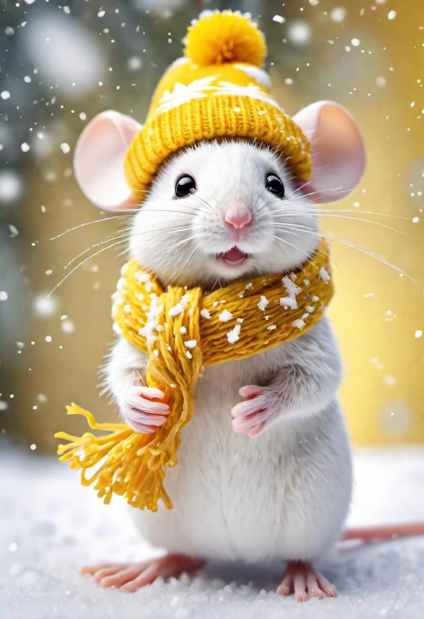 微型白色老鼠的微观图像，戴着黄色圣诞帽和围巾，上面有冰柱雪球和丝带以及松果和松针以及圣诞礼物, 模糊的背景黄色, 飘落的雪花, 飘落的雪花flakes, 美得难以置信. 倾斜移位. 插图, 超高对比度, 漂亮的颜色编码, 美丽的色彩分级,
