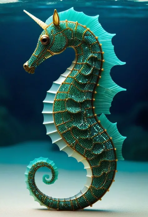 circuit board,carved to resemble the shape of a seahorse, with every detail meticulously crafted to capture the delicate feature...