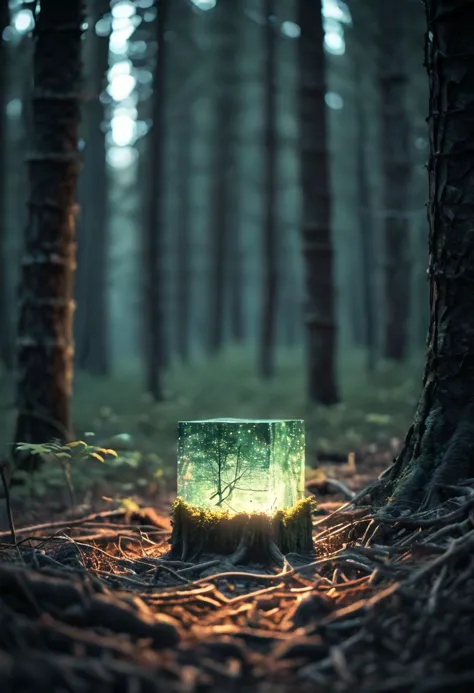 Glowing square shape in forest, depth of field