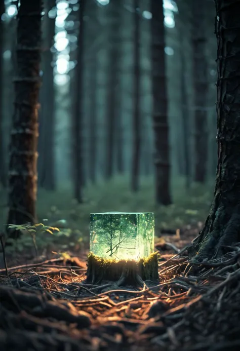 Forme carrée lumineuse en forêt, profondeur de champ