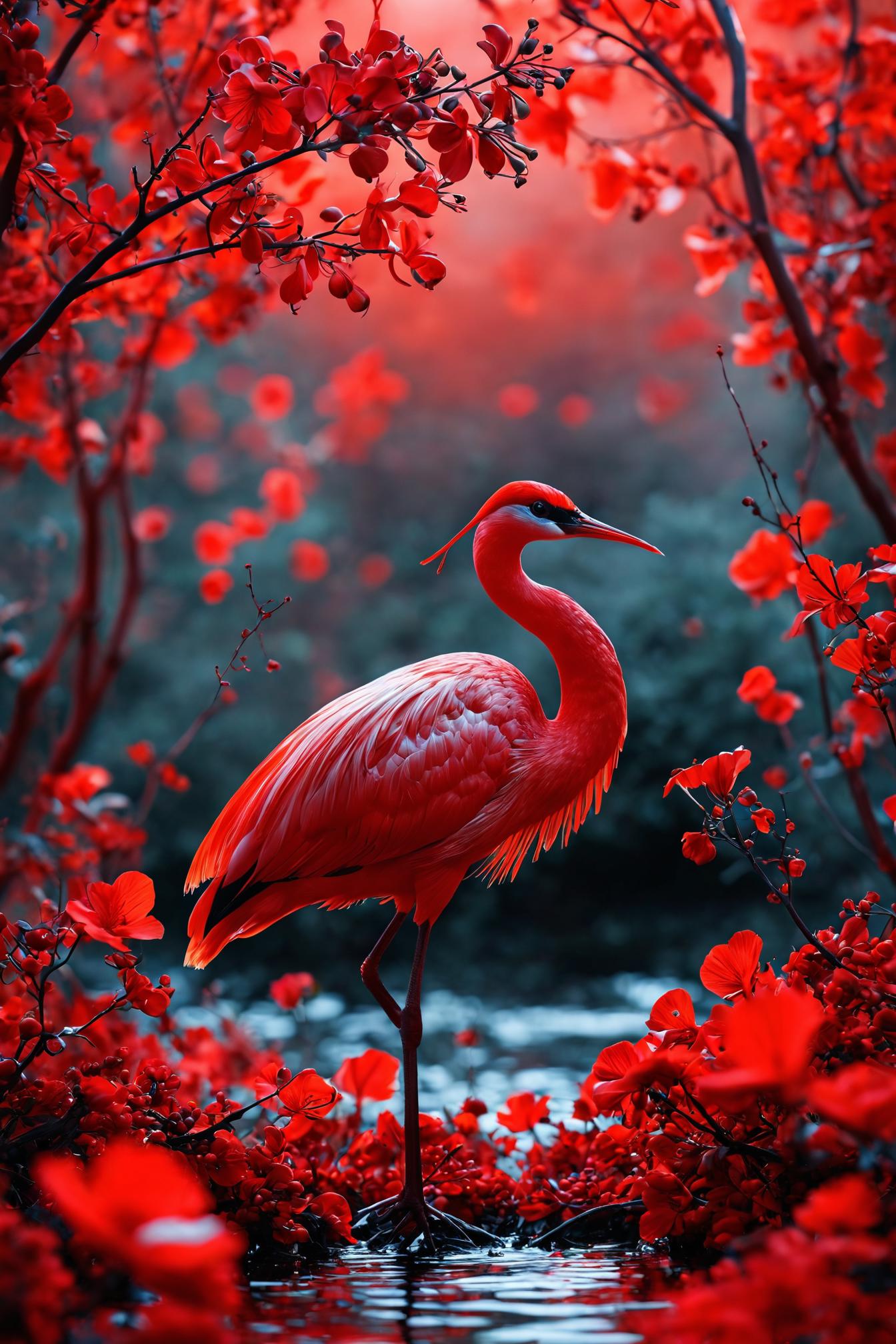 A painting of a flamingo standing in the water with flowers - SeaArt AI