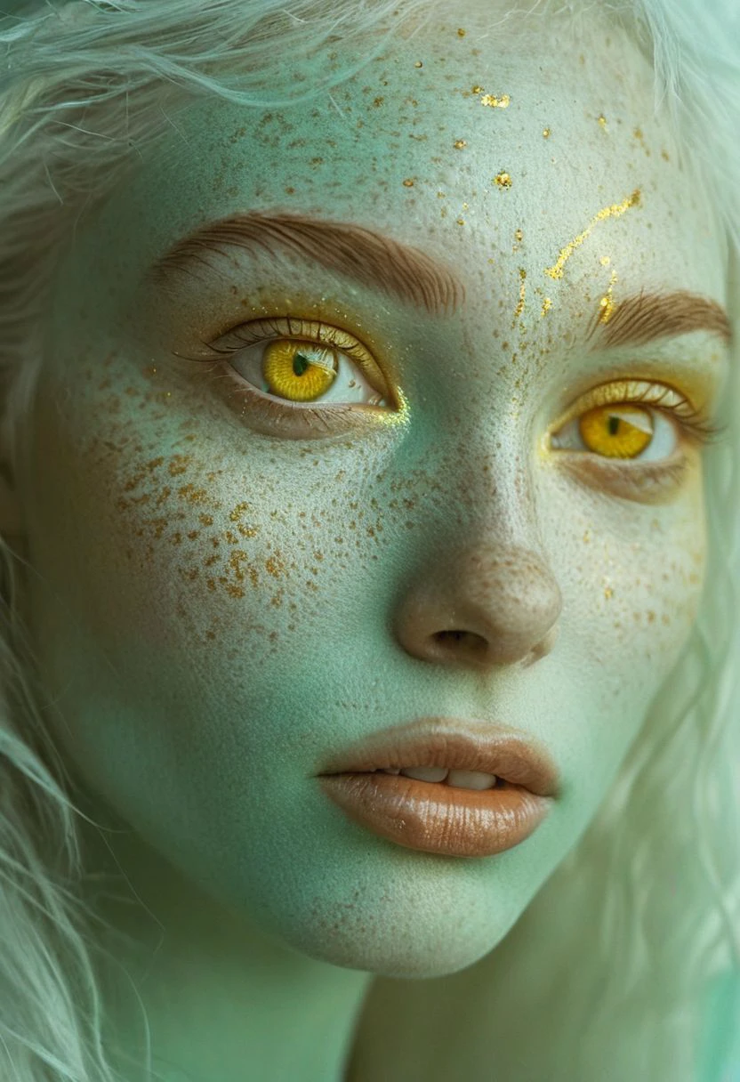 closeup portrait photo of a 25-year-old half-alien and half-human woman with teal-coloured skin and with golden freckles and with alien eyes with (glowing golden iris:1.2) and with white hair, highly detailed, award winning photo