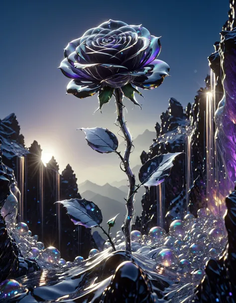 <lora:Bubbly_Tech_XL_World_Morph:1> bubblytech, scifi, transparency, caustics, iridescent, gothic, (photorealistic:1.4), a black-purple rose, long-stem-rose, on a mountain cliff, soft glow, dark night, magical, mystical, dreamscape <lora:DetailedEyes_V3:1> <lora:OMG-Is-DucHaiten_v1.0:0.5>