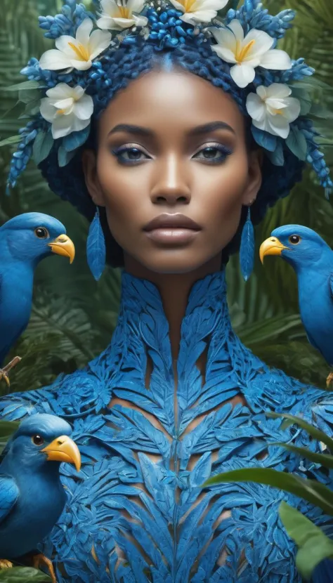 fashion photography portrait of blue human avatar, in blue lush jungle with flowers and birds, 3d render, cgi, symetrical, octane render, 35mm, bokeh, 9:16, (intricate details:1.12), hdr, (intricate details, hyperdetailed:1.15), (natural skin texture, hyperrealism, soft light, sharp:1.2)