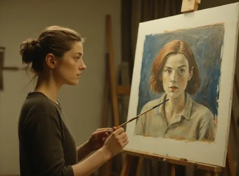 a woman is painting a portrait of a woman with a brush