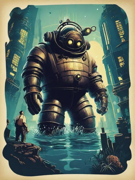 illustration-style of a big daddy from Bioshock in an underwater city that has an art deco aesthetic