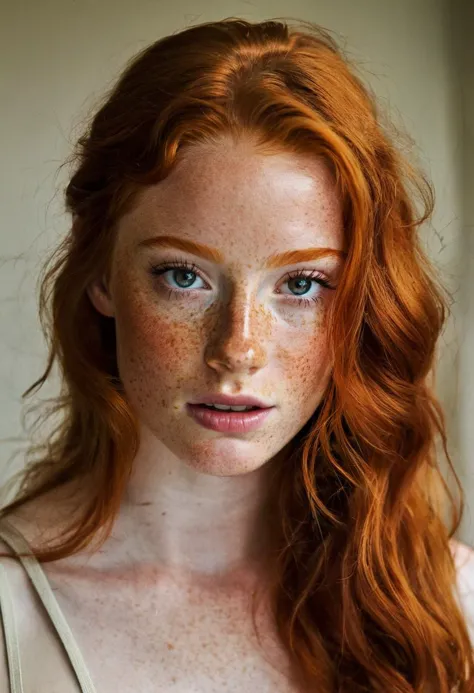 a close up of a woman with freckles on her face