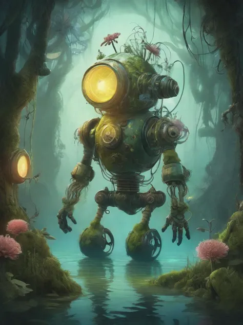 illustration-style picture of a biomechanical entity. The entity is a fusion of technology and nature, with a helmet that resembles a diving suit, its surface covered in verdant moss, handing a flower to viewer, twisting vines, and bright, exotic flowers. Its arms are heavy and robotic, adorned with peaceful symbols and patterns. The backdrop is an enchanted swamp, filled with a mystical fog, gnarly trees, and a spectrum of swamp flora. Fireflies dot the air with their luminescent glow. The illustration should have a whimsical and fantastical feel, with vibrant colors and a hand-drawn quality that emphasizes the enchanting aspects of the scene and the organic-meets-mechanical theme.