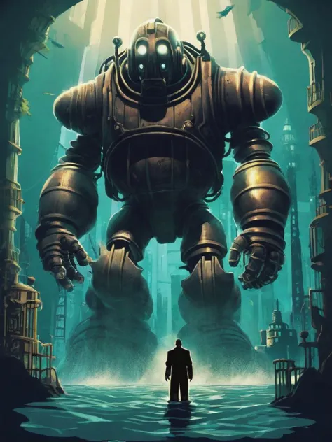 أسلوب الرسم التوضيحي لرجل كبير من لعبة Bioshock في مدينة تحت الماء تتميز بجماليات آرت ديكو. العملاق الحديدي