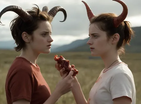 , emmacorrin personin new science fiction horror film called 'Horns', The thriller revolves around a young girl who learns that she has horns on her head when she accidentally eats some kind of meat. In the style of James Cameron. <lora:2024-01-06 - Emmacorrin (Realviz-V2) - 18img - 20rep - b3-step00002250:1>