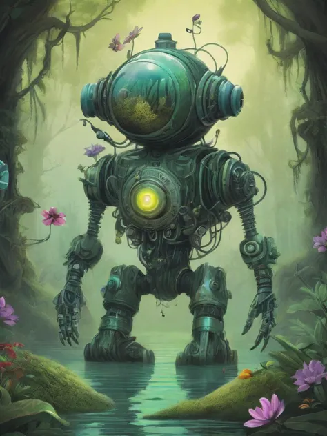 illustration-style picture of a biomechanical entity. The entity is a fusion of technology and nature, with a helmet that resembles a diving suit, its surface covered in verdant moss, handing a flower to viewer, twisting vines, and bright, exotic flowers. Its arms are heavy and robotic, adorned with peaceful symbols and patterns. The backdrop is an enchanted swamp, filled with a mystical fog, gnarly trees, and a spectrum of swamp flora. Fireflies dot the air with their luminescent glow. The illustration should have a whimsical and fantastical feel, with vibrant colors and a hand-drawn quality that emphasizes the enchanting aspects of the scene and the organic-meets-mechanical theme.