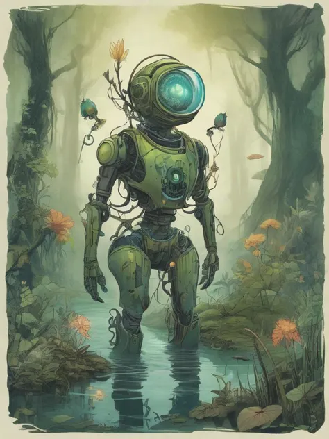 a painting of a robot standing in the water with a flower in his hand