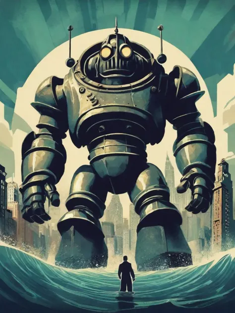 (Propaganda poster:1.3) of a big daddy from Bioshock in an underwater city that has an art deco aesthetic. Iron Giant