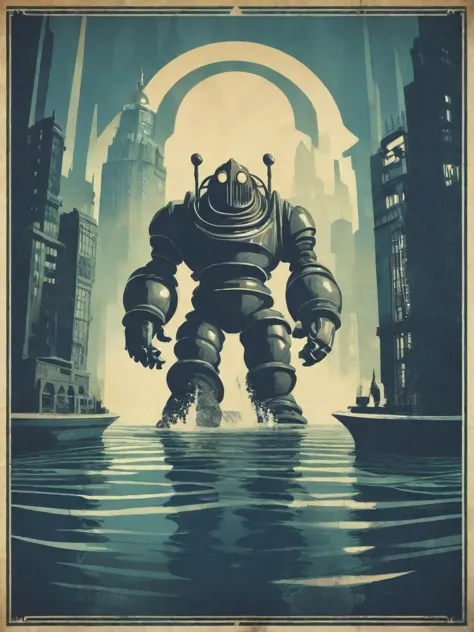 (Propaganda poster:1.3) of a big daddy from Bioshock in an underwater city that has an art deco aesthetic. Iron Giant