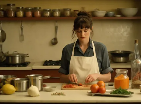 emmacorrin personin a film about a chef. she's seen cooking a gourmet meal, surrounded by exotic ingredients. she's about to cre...