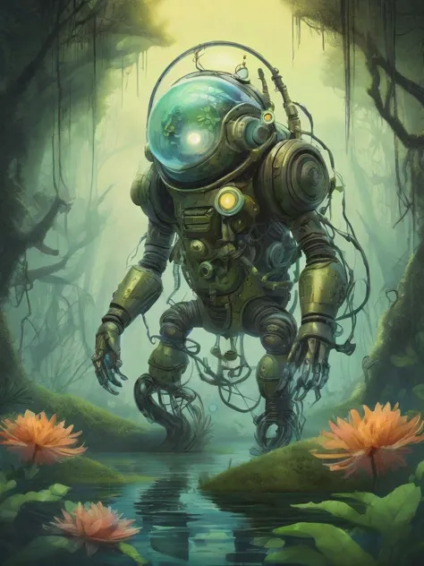 illustration-style picture of a biomechanical entity. The entity is a fusion of technology and nature, with a helmet that resembles a diving suit, its surface covered in verdant moss, handing a flower to viewer, twisting vines, and bright, exotic flowers. Its arms are heavy and robotic, adorned with peaceful symbols and patterns. The backdrop is an enchanted swamp, filled with a mystical fog, gnarly trees, and a spectrum of swamp flora. Fireflies dot the air with their luminescent glow. The illustration should have a whimsical and fantastical feel, with vibrant colors and a hand-drawn quality that emphasizes the enchanting aspects of the scene and the organic-meets-mechanical theme.