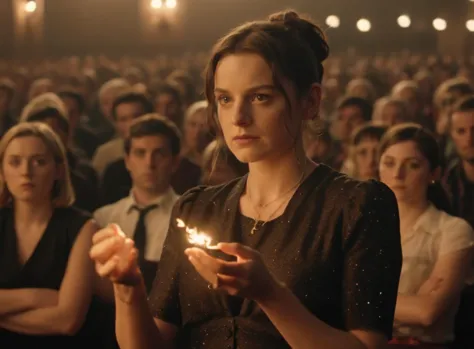 a woman holding a candle in front of a crowd of people