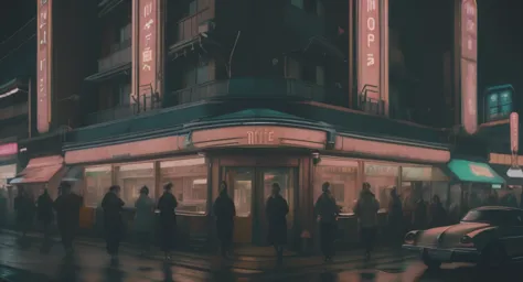 people are standing outside of a building at night in the rain