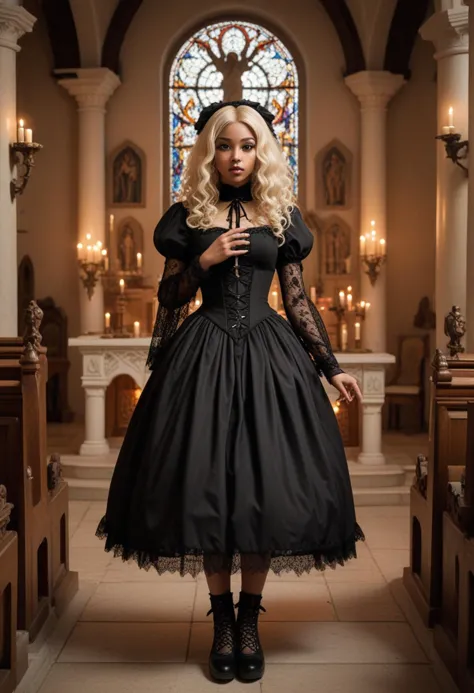 (medium full shot) of 1girl (lovely gothiclolita) young woman, south african, dark eyes, dark skin, dark skin, hazel eyes, petite build, long blonde afro hair, wearing Haunting gothiclolita attire with a black dress featuring spiderweb lace, fishnet stockings, studded ankle boots, lace wrist cuffs with ribbon ties, set in  Cathedral Oratory, Intimate chapel with a simple stone altar, flickering candlelight casting a warm glow, rows of wooden pews facing the altar, a serene statue of the Virgin Mary bathed in soft light, a lush tapestry depicting biblical scenes hanging on the wall , at sunset, surprised, open mouth, pointing her finger at the viewer,   Masterpiece,best quality, photorealistic, amazing quality, very aesthetic, extremely detailed face,