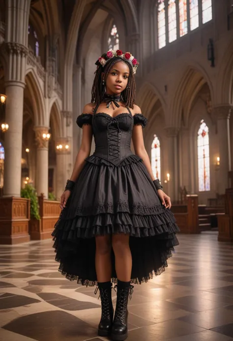 (medium full shot) of 1girl (angelic gothiclolita) young woman, black american, dark eyes, dark skin, dark skin, brown eyes, busty build, medium brown dreadlocks hair, wearing Lace-trimmed bustier with ribbon lacing, layered tulle petticoat, floral headband, lace-up combat boots, ribbon headband with bow accents, set in  Cathedral Nave, Grand hall with towering stone pillars, intricately carved wooden pews, stained glass windows casting colorful patterns on the floor, flickering candlelight, lush ivy climbing the walls , at sunset, smiling at the viewer,   Masterpiece,best quality, photorealistic, amazing quality, very aesthetic, extremely detailed face,