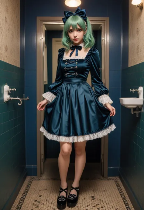 (medium full shot) of 1girl (sexy gothiclolita) young woman, italian, green eyes, tan skin, tan skin, mint green eyes, tiny build, medium dark shag cut hair, wearing Mysterious gothiclolita ensemble, midnight blue satin dress with bell sleeves, lace stockings, velvet Mary Jane shoes, ribbon headband with bow accents, set in  public Toilet, Simple, utilitarian design with linoleum flooring, stainless steel partitions between stalls, basic white porcelain toilets, wall-mounted soap dispensers, paper towel holders , at night, laughing, arms crossed,   Masterpiece,best quality, photorealistic, amazing quality, very aesthetic, extremely detailed face,