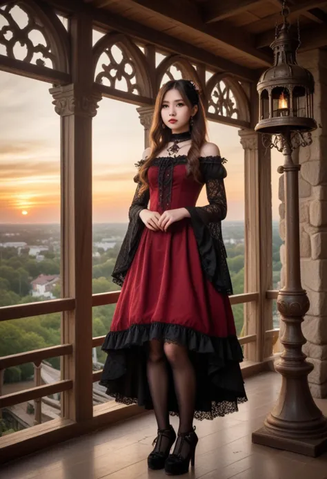 (medium full shot) of 1girl (lovely gothiclolita) young woman, philippine, brown eyes, tan skin, pale skin, light brown eyes, bu...