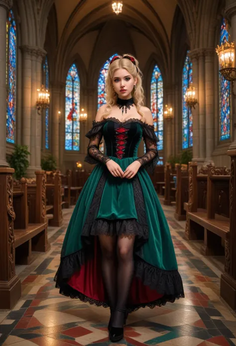 (medium full shot) of 1girl (esthetic gothiclolita) young woman, native american, caramel skin, jade green eyes, slender build, long blonde bun hair, wearing Elegantly dark gothiclolita outfit, red off-shoulder dress with lace trim, lace stockings, velvet heels, lace shawl with scalloped edges, set in  Cathedral Nave, Grand hall with towering stone pillars, intricately carved wooden pews, stained glass windows casting colorful patterns on the floor, flickering candlelight, lush ivy climbing the walls , at night, surprised, open mouth, pointing her finger at the viewer,   Masterpiece,best quality, photorealistic, amazing quality, very aesthetic, extremely detailed face,