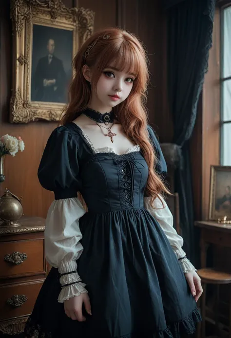 (medium full shot) of (dark gothiclolita) young woman, average build, long ginger hime cut hair, japanese, light skin, hazel eye...