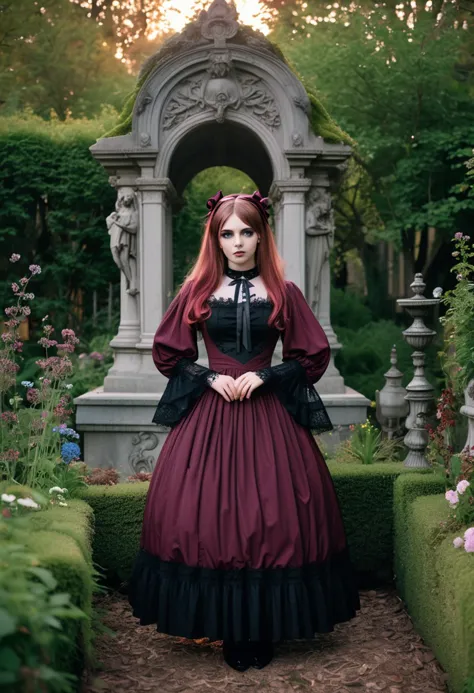 (medium full shot) of (enchanting gothiclolita) young woman, slim build, medium hazel hime cut hair, italian, tan skin, blue eyes, wearing a hair ribbons, burgundy Victorian dress with bell sleeves, sheer stockings, gothic pumps, pale skin,  smoky eyeshadow, black eyeliner, cameo necklace, ornate brooch, set in  an overgrown garden, with wildflowers, crumbling statues, moss-covered stones, hidden nooks, and a sense of mystery , at sunset, woman smiling, ,Masterpiece,best quality, raw photo, realistic, very aesthetic