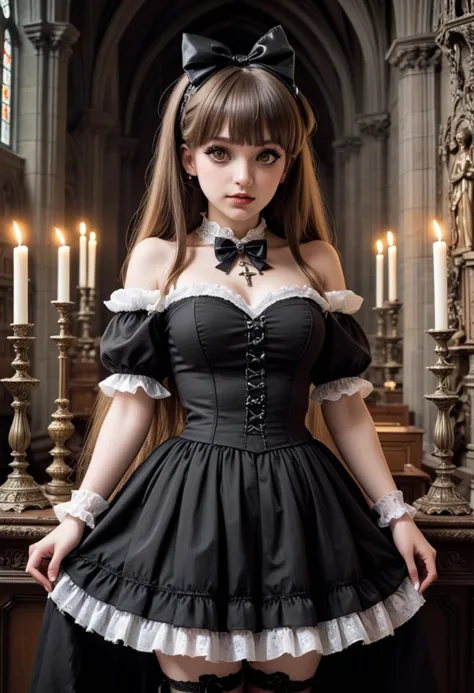 (medium full shot) of (dark gothiclolita) young woman, voluptuous build, extra long hazel straight bangs hair, spanish, tan skin...