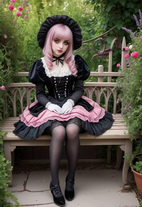 (medium full shot) of (doll-like gothiclolita) young woman, normal build, long dark side-swept bangs hair, german, fair skin, li...