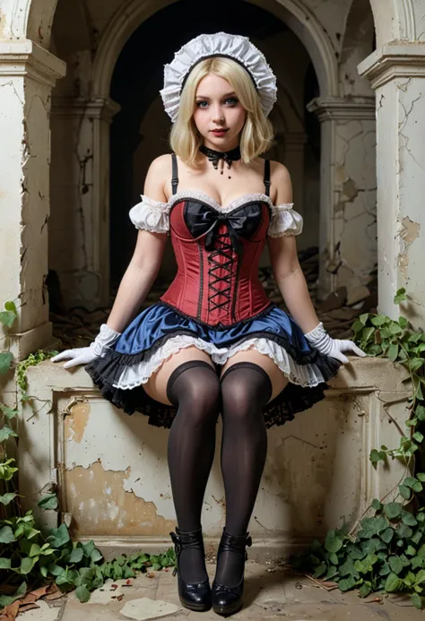 (medium full shot) of (doll-like gothiclolita) young woman, busty build, medium blonde inverted bob cut hair, australian, tan sk...