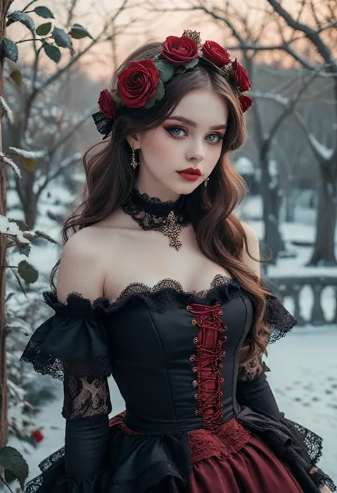 (medium full shot) of (classic gothiclolita) young woman, voluptuous build, extra long brown layered cut hair, british, fair ski...