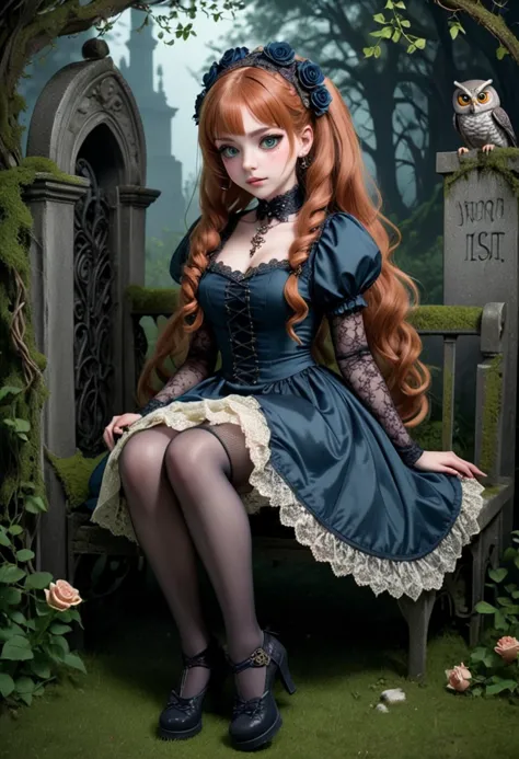 (medium full shot) of (victorian gothiclolita) young woman, curvy build, extra long ginger ponytail hair, italian, tan skin, jad...