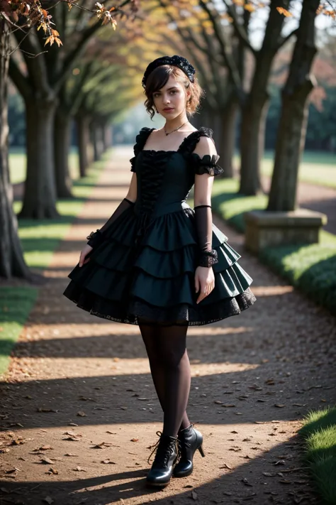 (autumn season:1.2),(in the evening:1.2),<lora:LCM_LoRA_Weights_SD15:1>,<lora:detail_slider_v4:1.2>,(attractive gothiclolita) a 21year old Girl, full-figured build, short turquoise french twist hair, swedish, tan skin, jade green eyes, wearing Lace-trimmed bustier with ribbon lacing, layered tulle petticoat, floral headband, lace-up combat boots, ribbon headband with bow accents,lace gloves with ribbon ties, set in Victorian Bandstand, Elaborate bandstand adorned with intricate wood carvings, surrounded by neatly trimmed hedgerows, rows of wooden benches facing the stage, towering cypress trees providing shade and a sense of intimacy , at sunset,
low key photography, dramatic lighting, deep shadows, rich contrast, moody atmosphere, intense emotions, cinematic feel, mysterious ambiance, emphasizing shape and form, creating depth, evoking drama, storytelling through shadows, professional technique,(fullbody shot:1.3),(fullbody shot:1.1),(full body:1.3),(fullbody:1.3),(full body photo:1.3),(full body view:1.3),(wide shot:1.3),from outside:1.1,(full body portrait:1.3),