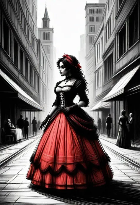 (medium full shot) of (gorgeous gothiclolita) adult woman, african, dark skin, black eyes, curvy build, long red wavy down hair, wearing Victorian-inspired corset with brocade pattern, floor-length lace skirt, cameo choker, lace-up Victorian boots, lace wrist cuffs with ribbon ties, set in  medieval Market Square, Bustling plaza with colorful awnings shading market stalls, crates of fresh produce piled high, merchants haggling with customers, a fountain surrounded by benches, a vendor selling potted herbs and spices , ,Masterpiece,best quality, very aesthetic