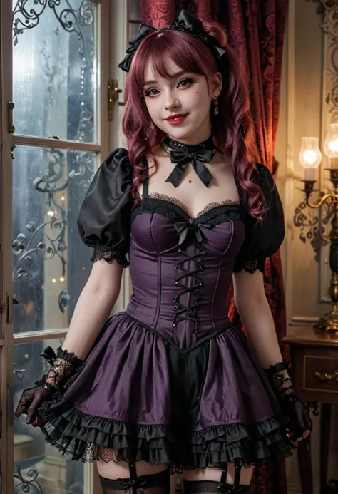 (medium full shot) of (dark gothiclolita) young woman, tiny build, extra long red curtain bangs hair, black american, dark skin,...