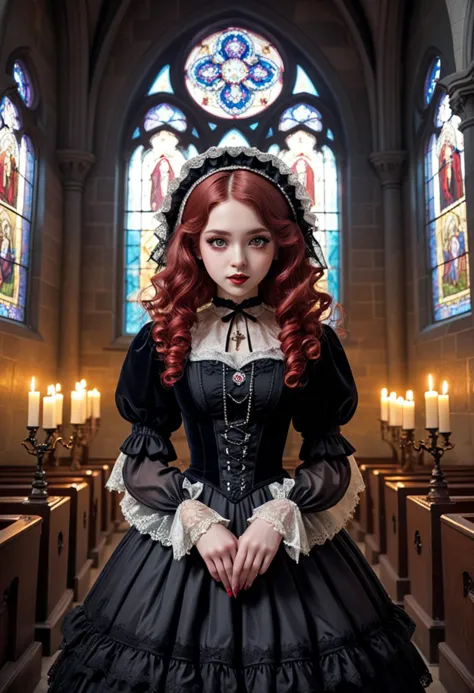 (medium full shot) of (victorian gothiclolita) young woman, average build, long red curly down hair, philippine, fair skin, ligh...