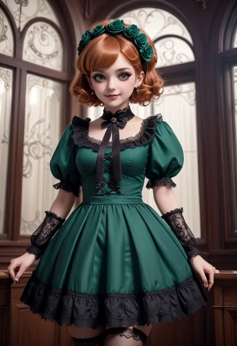 (medium full shot) of (victorian gothiclolita) young woman, average build, short ginger retro hair, persian, tan skin, hazel eye...