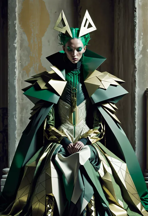 art deco style anime artwork Concept artist, Cold Lighting, Calotype, well-built (futurcouture, geometric, fashion, avant-garde, illustration, concept art:1.2) Papal legate, wearing Overwrought Black and Green garb tailored by Gucci, sleeping pose, Desaturated, soft light, A papal legate in overwrought black and green garments is captured in a sleeping pose. The attire is tailored by Gucci, giving it a luxurious touch. The scene is set against a calotype background, which adds a vintage feel to the overall composition. The cold lighting enhances the desaturated effect, creating a sense of tranquility. The image is characterized by its futuristic, geometric design and avant-garde fashion sensibilities. The concept art showcases intricate details and precise color gradations.  . anime style, key visual, vibrant, studio anime, highly detailed . geometric shapes, bold colors, luxurious, elegant, decorative, symmetrical, ornate, detailed