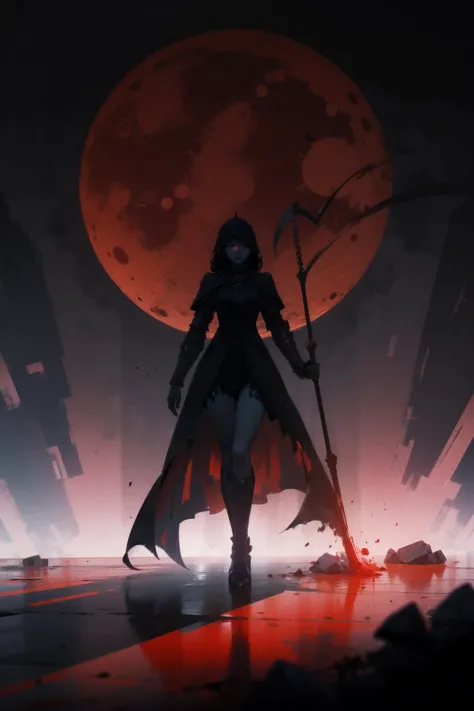 a gorgeous female human necromancer
scythe , bone armor, glowing red eyes,
  methurlant
fantasy,
dark room, dim light , blood mo...