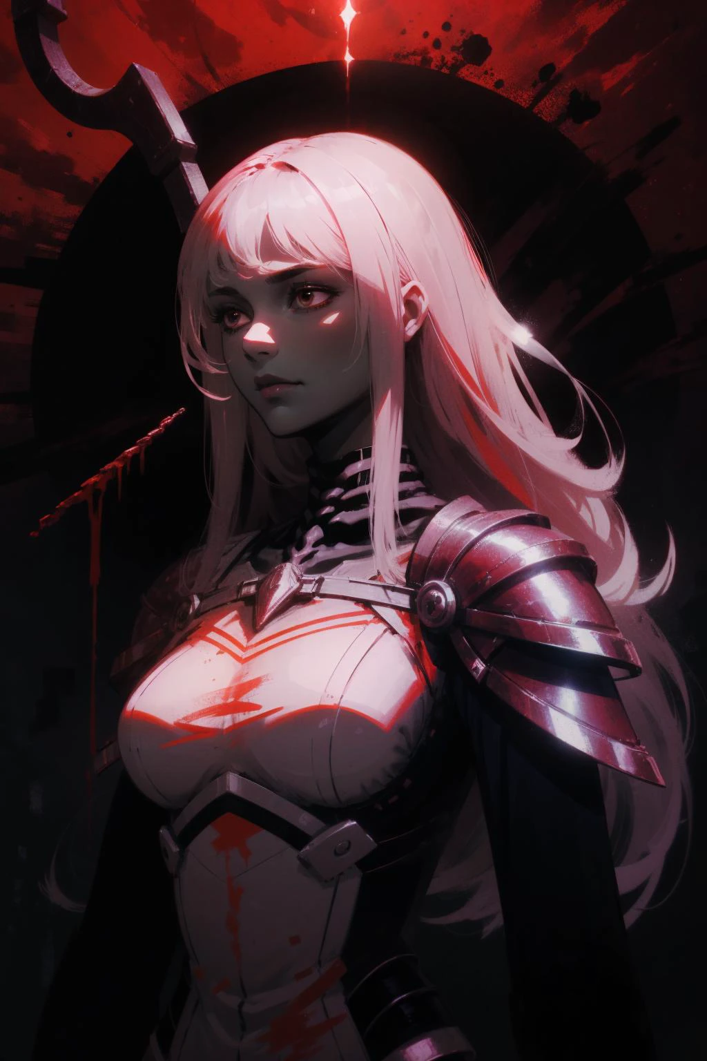 a gorgeous female human necromancer, long silver hair, 
scythe , bone armor, glowing red eyes,
  methurlant
fantasy,
dark room, dim light , blood moon,
high contrast, best shadow, cinematic lighting
hyperrealism, surreal 
