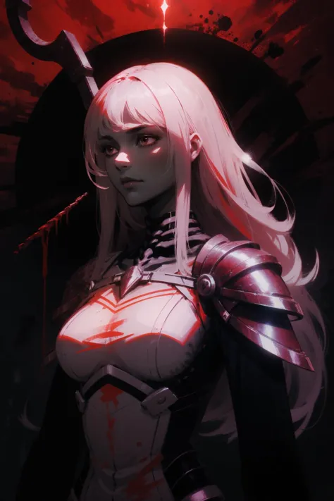 a gorgeous female human necromancer, long silver hair, 
scythe , bone armor, glowing red eyes,
  methurlant
fantasy,
dark room, ...