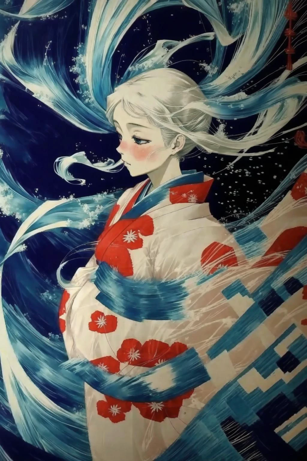 1girl
detailed face 
kimono
wind
water
abstract flow
Miho Hirano