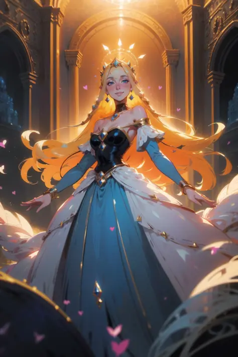 masterpiece, best quality, concept art of a beautiful happy blond elven sexy ([old::0.5][:mature:0.66]:1.3) queen with long hair and big dreamy blue eyes, wearing a regal black puffy shoulderless dress, smiling lovingly at viewer, blushing, floating hearts, delicate hands, standing in an opulent palace ballroom <lyco:GoodHands-beta2:1>