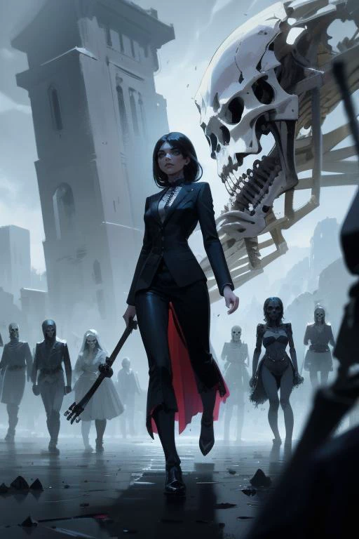Masterpiece, best quality, a professional illustration of a gorgeous female human necromancer walking among a skeleton army,  